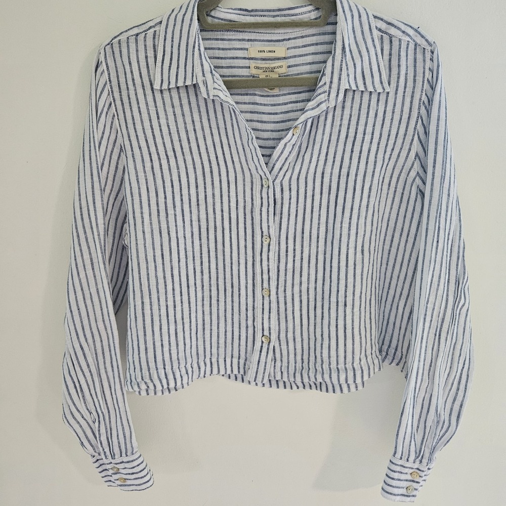Christian Siriano L Womens Linen Striped Button Down Blue White Nautical Coastal - Picture 8 of 8